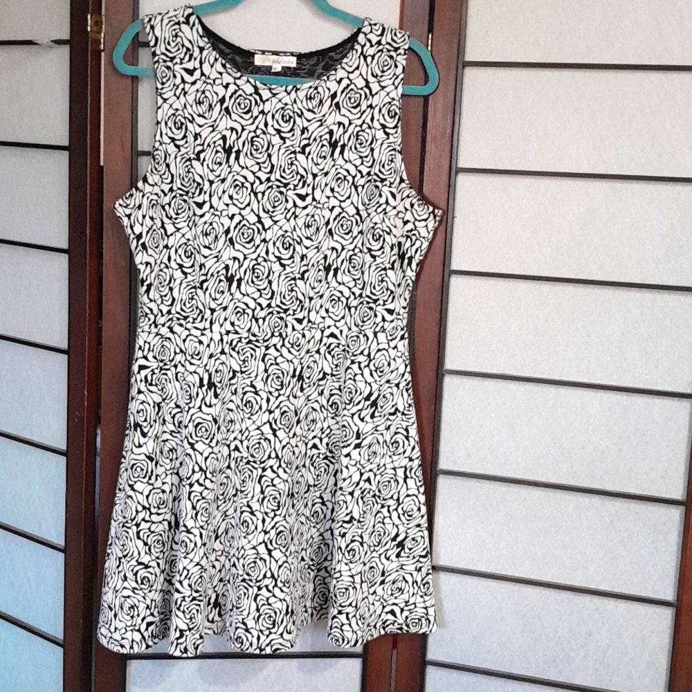 Rewind Women's XL Black & White Rose Print Sleeveless Dress